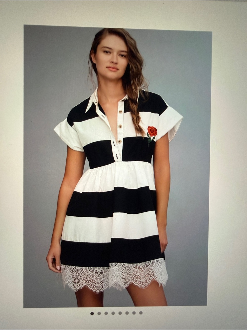 Maeve 🖤🤍Anthropology Black & White Striped Collared Mini Dress with Lace Hem